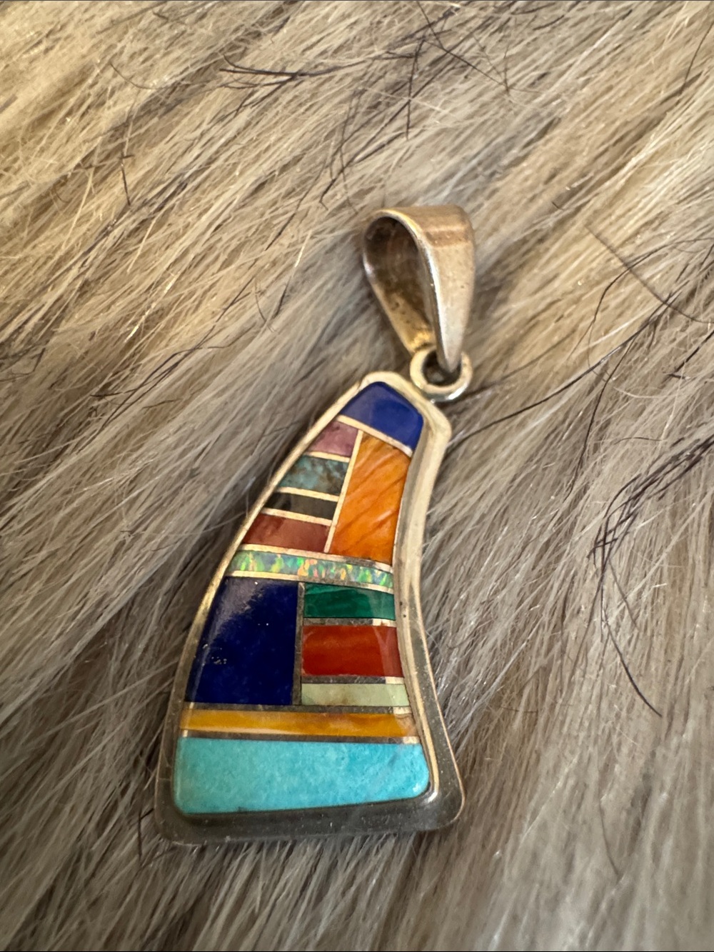 Native American Handcrafted Multi-Color Inlay Silver Pendant - Turquoise, Lapis - Picture 6 of 6